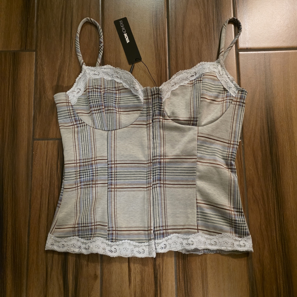 Fashion Nova Gray Plaid Camisole with White Lace